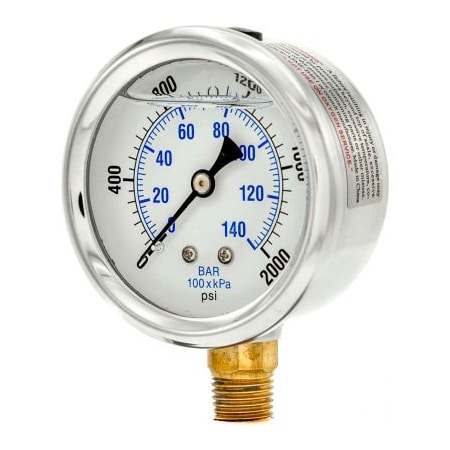 Engineered Specialty Products, Inc Pic Gauges 2-1/2" Vacuum Gauge, Liquid Filled, 2000 PSI, Stainless Case, Lower Mount, PRO-201L-254O PRO-201L-254O